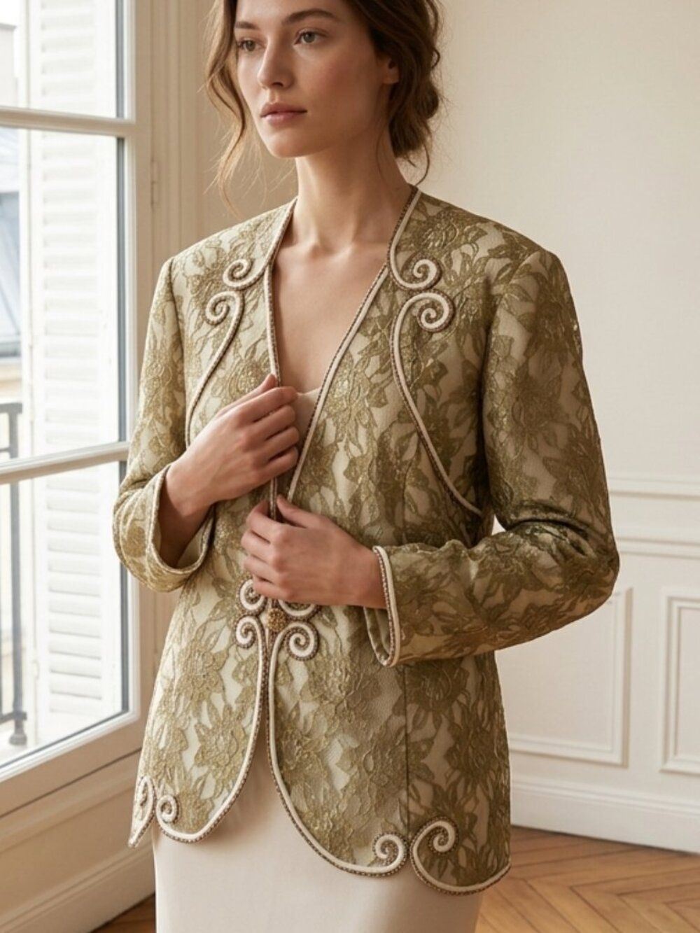 NWT Milano Ivory Gold Metallic Floral Lace Formal Evening Jacket Sz 24W